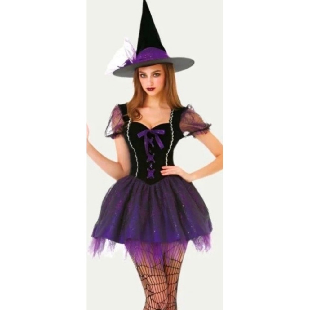 Hauntlook Wicked Witch Halloween Costume Dress and Hat Set Purple Black Medium
